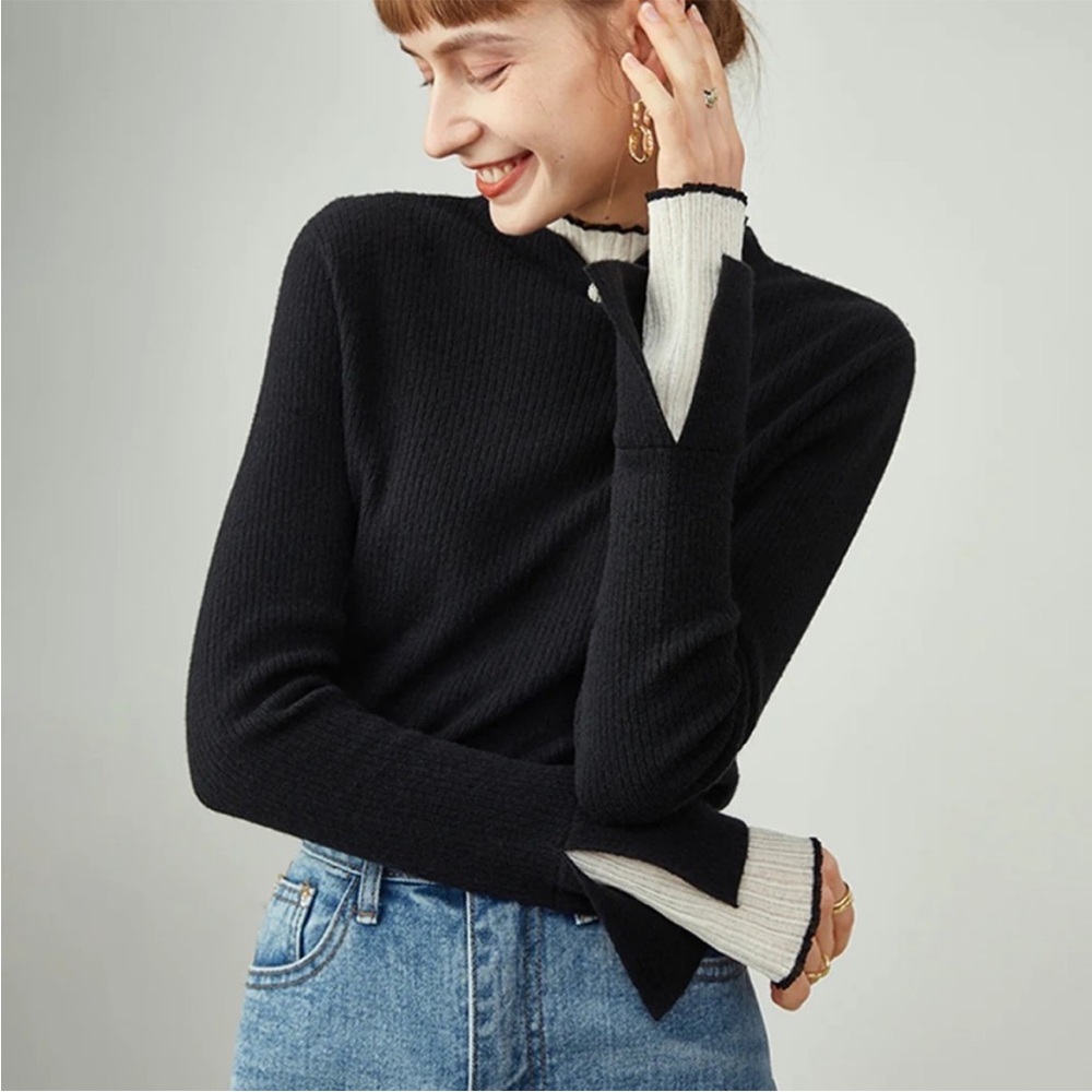 Commense Black Ribbed Long-Sleeve Top with Cream Cuff Detail
